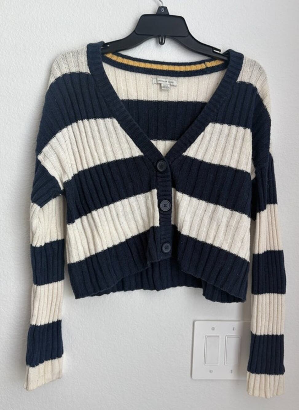 American Eagle Navy and White Striped Cropped Cardigan Size Small